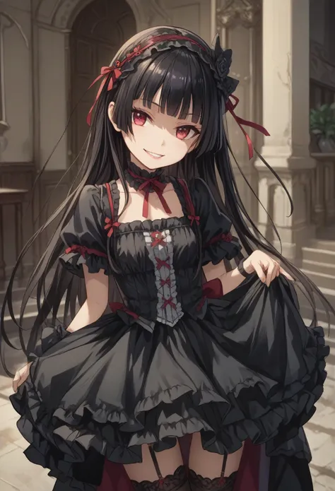 young girl, teenager, rory_mercury, fashion, gothic, black thighhighs, garter straps, dress child face, , (slightly closed eye:1...