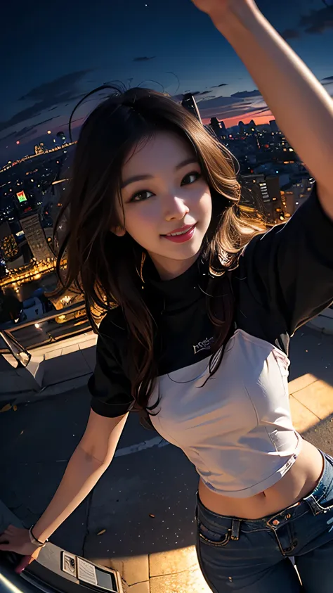 One girl, Korean, Fisheye Lens, Selfie, Wind, Messy Hair, sunset, Cityscape, (Aesthetics and atmosphere:1.2),smile