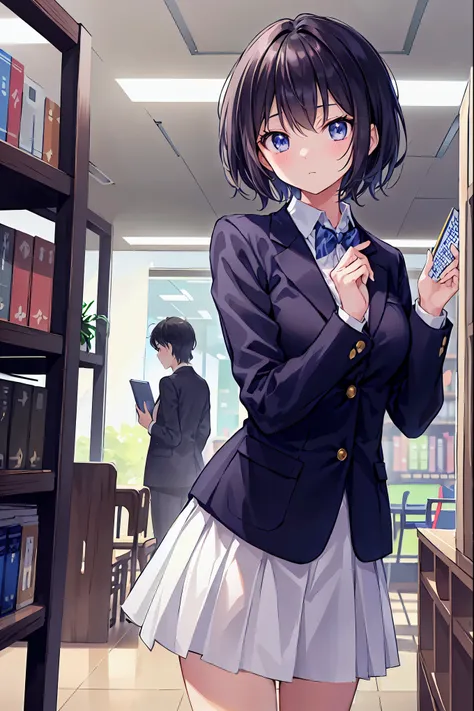 and、Black-haired、short hair、Beautiful hairstyle、high school student、uniform、Dark Blue Blazer、cute、at the library、I&#39;m looking for a book、after school、Golden Ratio、High definition，Small breasts，Flat chest，Brown Hair，Shortcuts，Messy Hair，Slender beauty，Be...