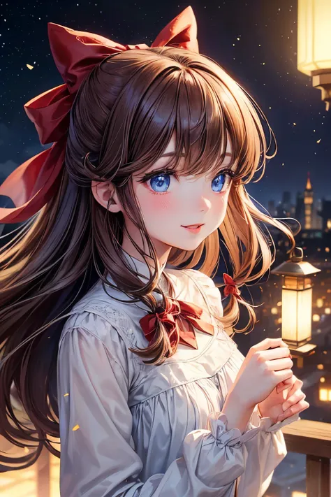 (extremely delicate and beautiful: 1.2), 1 girl, Bangs, blue eyes, Vague, Vague background, bow, brown hair, Residence, Side view, Hair between the eyes, hair bow, lantern, light particles, Long sleeve, looking at the audience, Medium long hair, night, red...