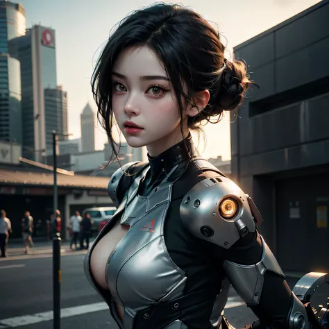 mecha musume, detailed cyberpunk cyborg girl,1girl,beautiful detailed eyes,beautiful detailed lips,extremely detailed face,long eyelashes,intricate machinery,chrome metal body parts,glowing neon accents,dramatic battle scene, futuristic cityscape backgroun...