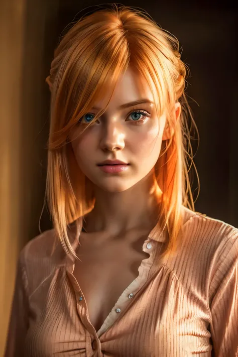 1girl, solo, messy hairstyle, standing taking a picture, reddish-yellow hair, red eyes, soft blouse, (best quality,4k,8k,highres,masterpiece:1.2),ultra-detailed,(realistic,photorealistic,photo-realistic:1.37),portrait,vibrant colors,dramatic lighting