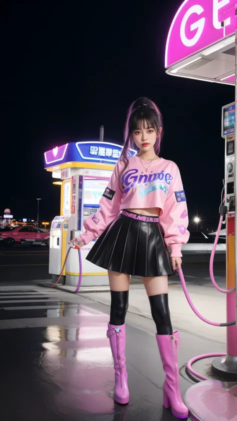 futuristic young woman, The dazzling costume、in a surreal atmosphere々Standing, Neon lights shine at the gas station. Gasoline pump, adorned with star, Floating in the air, The hose swings playfully. Vibrant pink and purple hues spread, Creates a surreal an...