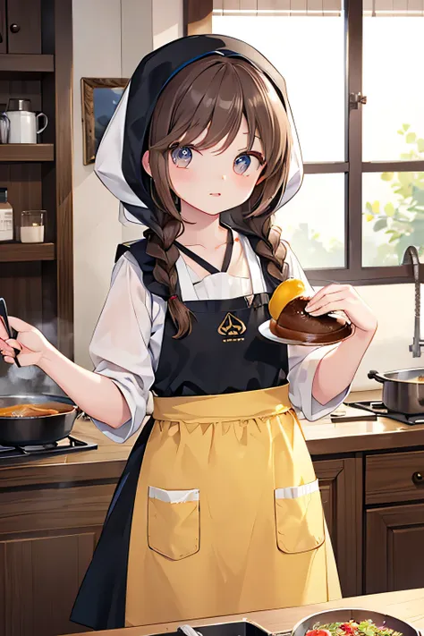 masterpiece, best quality,flat chest, cute eyes, twin braid, dark brown hair,yellow white chef clothes,babushka,apron,cooking