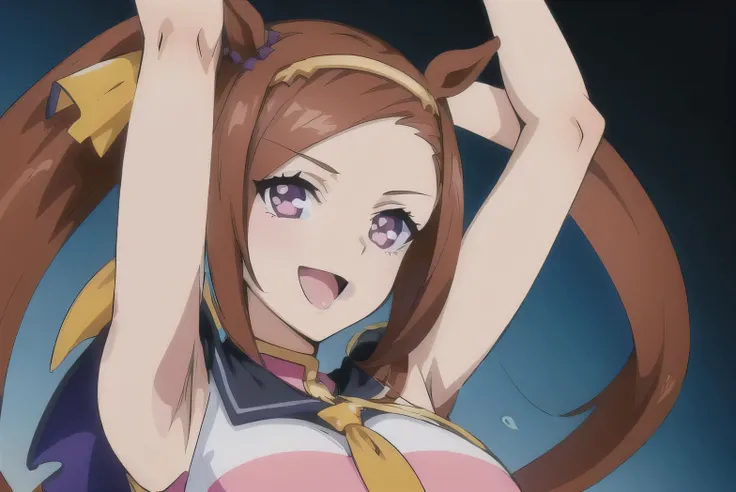 (superfine illustration:1.5),(official art:1.5),(best quality:1.8),(anime coloring:1.5),(detailed beautiful face:1.3),perfect body, break
sakura bakushin o(umamusume),(laugh),(arms up:1.5),