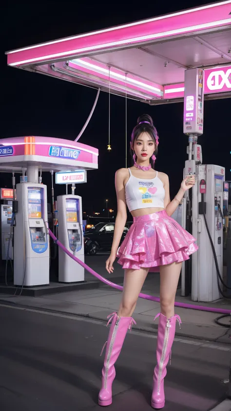 futuristic young woman, The dazzling costume、in a surreal atmosphere々Standing, Neon lights shine at the gas station. Gasoline pump, adorned with star, Floating in the air, The hose swings playfully. Vibrant pink and purple hues spread, Creates a surreal an...