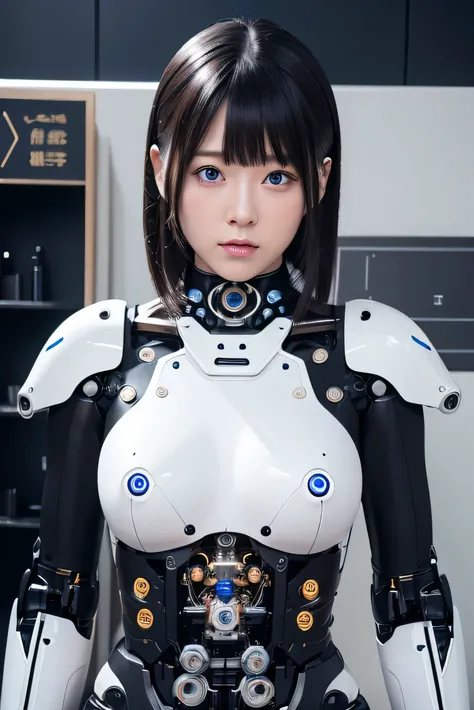 masterpiece, best quality, extremely detailed, 8K portrait,1girl in, Japaese android girl,android teacher,Plump , control panels,android,Droid,Mechanical Hand, ,Robot arms and legs, Black hair,Mechanical body,Blunt bangs,White Robotics Parts,perfect robot ...
