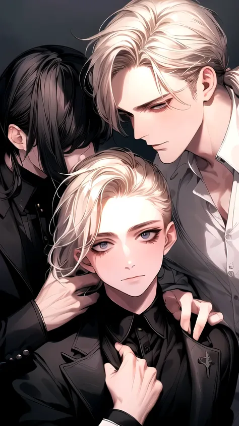 (Masterpiece), (High Quality), Very detailed, (( Threesome guy)), Perfect Face, Beautiful Face, Very detail, (short Black-haired man), (long ponytail blonde-haired man), (mid dark-haired man)、white shirt, open shirt and black suit, chocolate, long eyelashe...