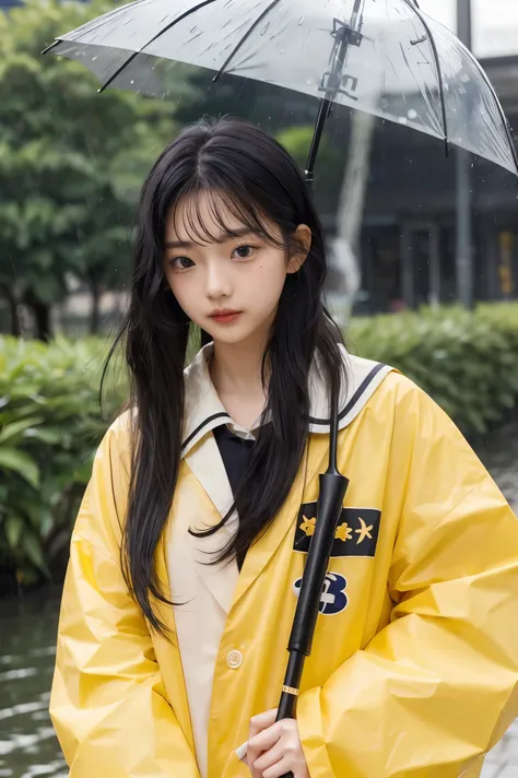 (((1 girl))), ((((alone)))), ((Messy Hairstyle)), Standing and taking pictures, (((I have black hair)), conjunctivitis, Korean  school girl, holding yellow an umbrella, rainy day