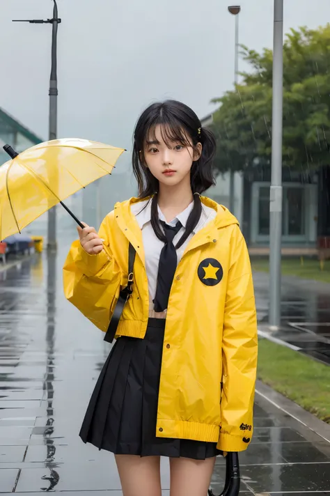 (((1 girl))), ((((alone)))), ((Messy Hairstyle)), Standing and taking pictures, (((I have black hair)), conjunctivitis, Korean  school girl, holding yellow an umbrella, rainy day