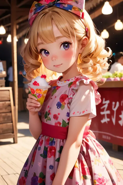 highest quality, little female child，6 year old cute , blonde, curly hair, evil ，floral dress，i want to eat shaved ice at a fest...