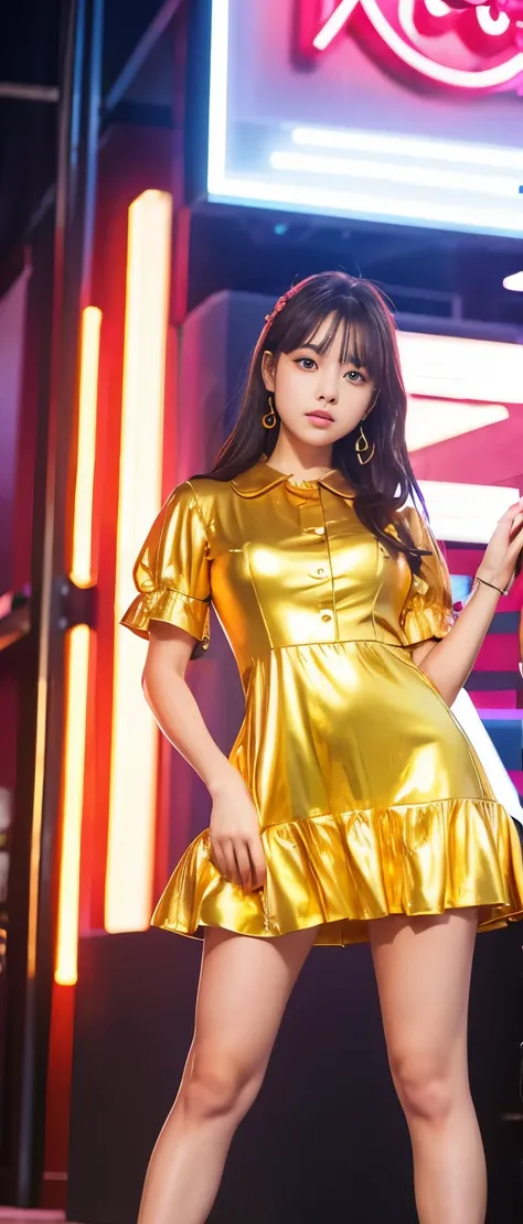 Gorgeous idol girl、whole body、Good style、、、、、、、、、、Thick legs、、Gold ruffle shirt dress、Cool girl face、、、A glowing night paradise、、