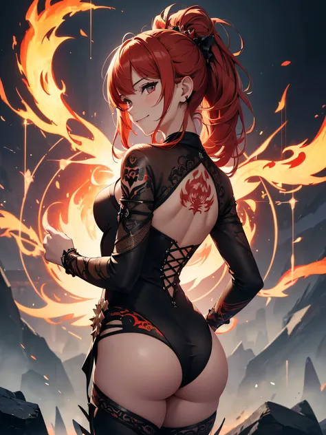 (((best quality, sharp image, clear image, cinematic lighting, 8k resolution, masterpiece, ultra detailed, intricate))) Girl, (((looking over left shoulder))), (shot from behind), ((shot from hip up)), fiery red hair, pigtails, ((intricate black dress)), (...