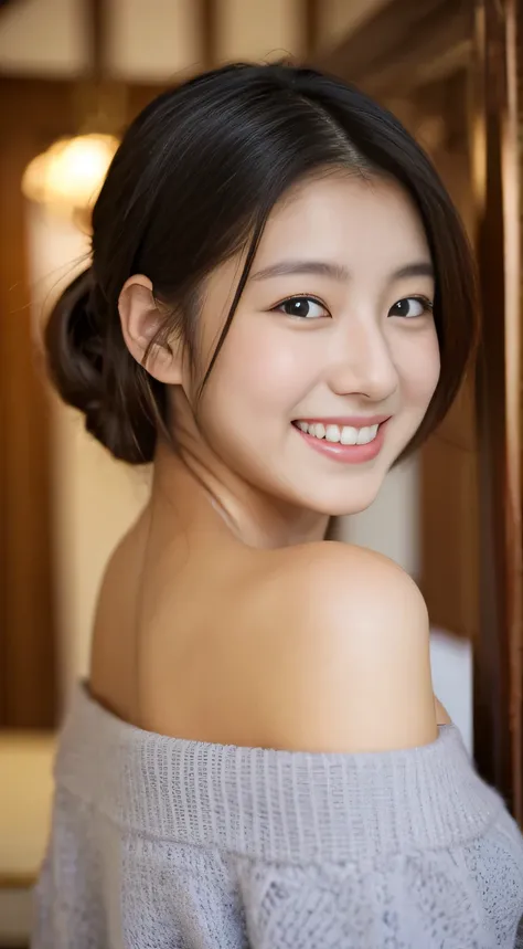 masterpiece,best quality,(Japanese girl),((Beautiful girl)),cleavage,(off shoulder:1.2),(perfect body beauty:1.2),(shy smile),beautiful teeth,From slightly above