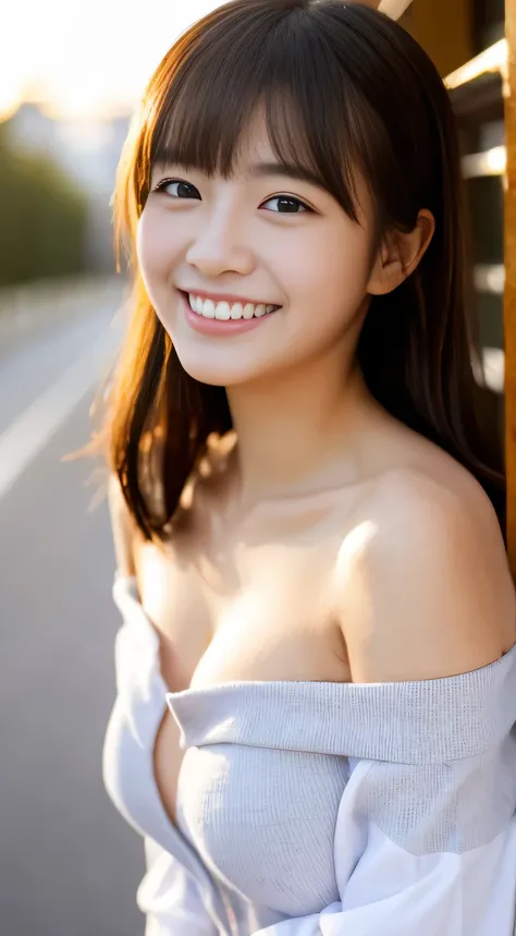 masterpiece,best quality,(Japanese girl),((Beautiful girl)),cleavage,(off shoulder:1.2),(perfect body beauty:1.2),(shy smile),beautiful teeth,From slightly above