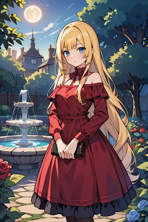 fairy_tail_style, solo, 1 girl, cowboy shot, (young female body:1.4), (medium small breasts), disheveled hair, golden yellow wavy hair, extra long hair, blunt bangs, crystal blue eyes, very detailed blue eyes, mansion garden, standing on a cobble pathway, ...