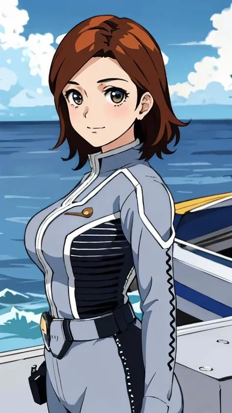 masterpiece, best quality, solo,1girl,looking at viewer,, cowboy shot,sea,anime style,
 anne、Ultra Guard Interioghter Aircraft Background、The bust is large