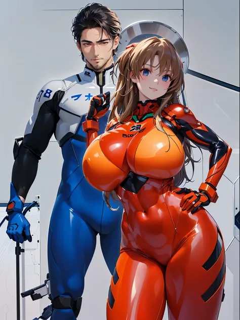 ((On the left is a handsome, muscular, bearded man.:2.0)),((Big Tits:1.5)),(Young face:1.5),((Japanese:2.0)),((18-year-old:1.5)),((A suit that covers the entire body:1.5)),Evangelion,Eva Suit,(Shooting with a smile:1.5),((not mechanical:1.5)),((Shinji Suit...