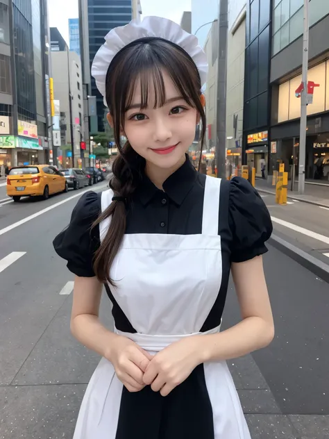 1girl, , cute and beautiful, solo, highres, best_quality, masterpiece, detailed_background, intricate_details, tokyo, akihabara, futuristic, cityscape, cute maid costume, smile, looking_at_viewer, dynamic_pose, natural_pose, candid, happy