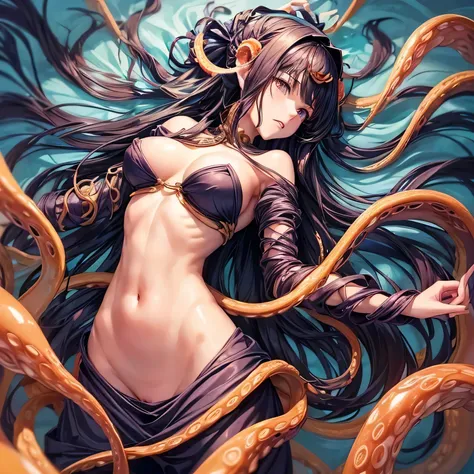 ((Highest quality)),Many tentacles wrapped around the body:1.2,pretty girl, One person, alone, ((Many tentacles bind his arms)), ((Narrow waist)),Large Breasts, Long Hair,Frightened face,