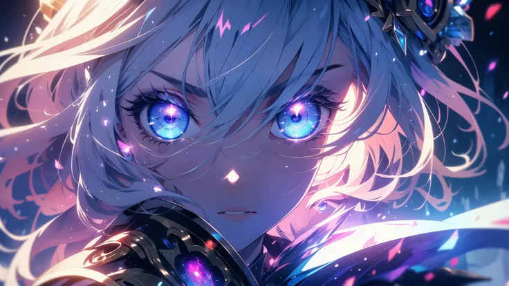 masterpiece, 1girl,8k, spell, mage, devil, scary, glow, particles, shining brightly eyes, stunning, spectral, snow, gorgeous, perfect face, expressive eyes, cute,