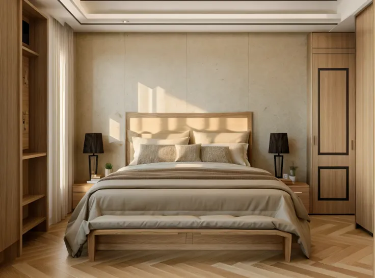 Bedroom interior, modern style, oak wood cabinet, neutral color scheme, beautiful lighting, (realistic:1.2), Raw photo,Masterpiece, high quality, best quality, authentic, super detail,