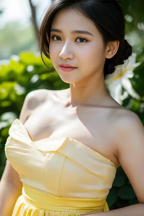 (sweat:0.7),Light yellow wedding dress,white short skirt,woman,javanese,exquisite face, beautiful face,bare shoulders,shoulders slightly exposed,translucent skin,black eyes,black hair,(photorealistic:1.4),realistic details, high resolution,bokeh,outstandin...