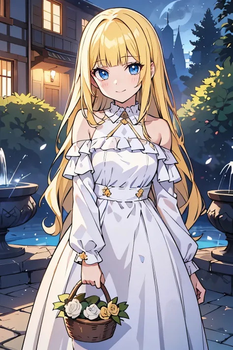 fairy_tail_style, solo, 1 girl, cowboy shot, (young female body:1.4), (medium small breasts), long disheveled hair, golden yellow wavy hair, extra long hair, blunt bangs, crystal blue eyes, very detailed blue eyes, mansion garden, standing on a cobble path...