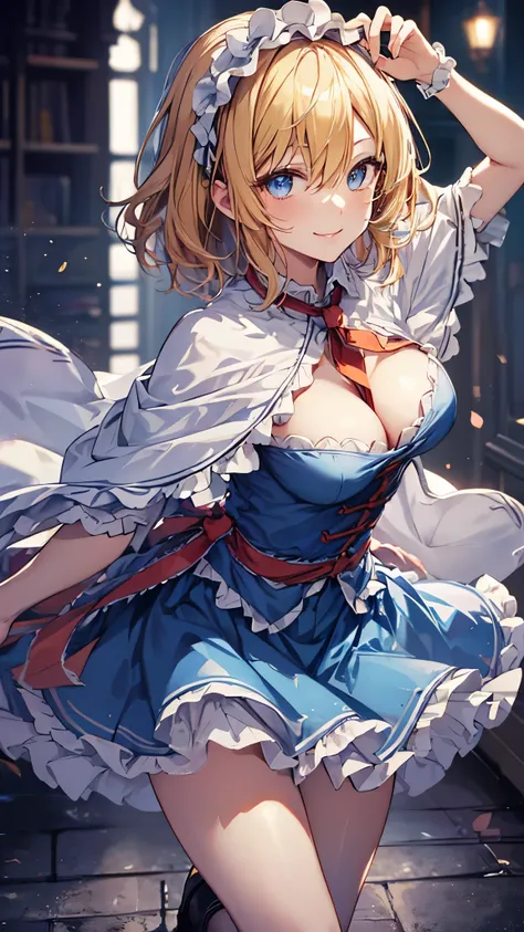 alice_margatroid_touhou,blonde_hair, short_hair, hairband, blue_eyes,capelet,midiam breasts,slender,smile,white cape,(blue dress),frills,((skirt grab:1.3)),(dancing:1.3),boots,masterpiece,Noise Reduction,perfect anatomy,high resolution, ultra-detailed, ult...