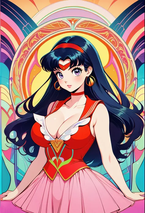 thick sailor mars, arms at sides, kawaii, cute overload, 60s psychedelic anime style, funky, trippy, playful, pastel color palette, art nouveau, art deco, pop art, absurdres, highres, ultra detailed, big tits, cleavage, realistic depiction