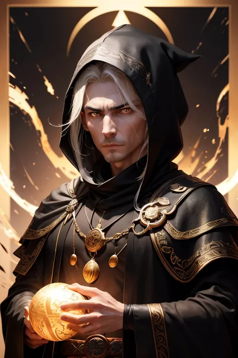 Tall middle-aged elf male、Blonde、Bulls-eye、Snakes、Glaring、Dragon Scale、His eyes are deep and dark, Ancient wisdom seems to shine through. He is wearing a black robe with a hood covering his head.,He is wearing a chainmail shirt of gold under his robe.、An e...