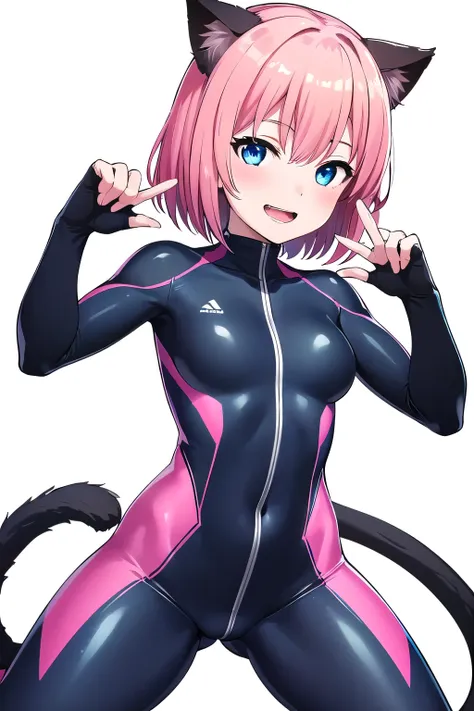 girl,boyish, very short hair, pink Hair, medium Breasts,Black glossy tight suit,Cowboy Shot,blush,sexy face,blue eyes,front leg pose,Tight fit,clearly,Striped pattern, (white background:1.3), cat ears, cat tail, (open mouth:1.2), (smile:1.3)
