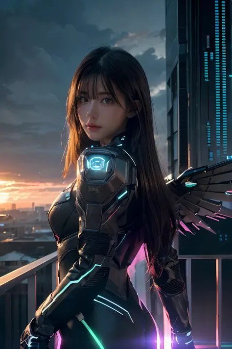 ((masterpiece, best quality, extremely detailed), volumetric lighting, ambient occlusion, colorful, glowing), 
1girl, solo, young girl, (dark hair), long hair, halo, aura, sacred, godness, cyber suit, (black outfit:1.3), android, bot, cybernetic wings,
out...