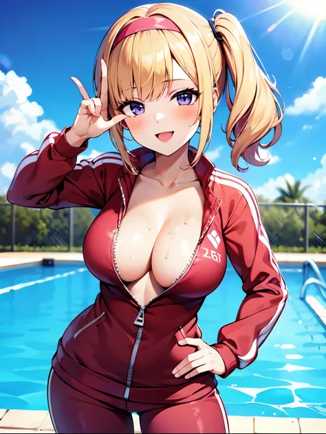 （（super high quality,Ultra-high resolution,16K,super masterpiece,Ultra HD））,Poolside on a sunny day,Burning Sun,Water splashing everywhere,One Girl,（（A thin, pink, shiny tracksuit,（popped collar,Tight collar）,Zipper open from under the chin to the navel,Fi...