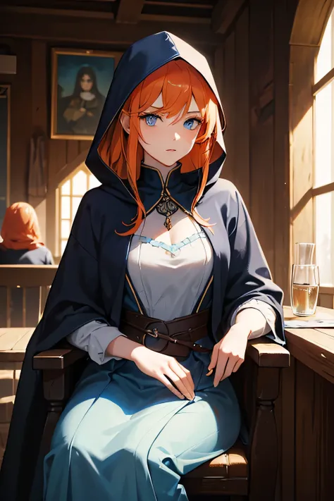 20 year old woman, light orange hair, light blue eyes, dressed medieval dark, wearing a dark blue and black hood, Fantasy, medieval, portrait sitting in a dark medieval tavern