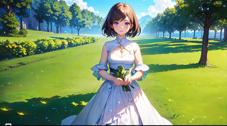 there is a girl in a white dress standing in a field, from bravely default ii, lalafell, fashion gameplay screenshot, game cg, gameplay screenshot with ui, screenshot from the game, clothes themed on a peacock mage, <mmorpgs scene, detailed photo of virtua...