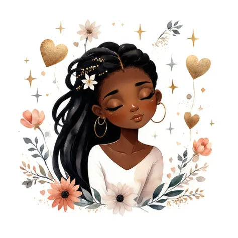 Watercolor illustration of a Black woman with long hair and earrings in a floral frame, african american girl, black girl, jovem negra, dark-skinned female goddess of love, black teenage girl, african american elegant girl, by Rosa Henriques, jovem negra, ...
