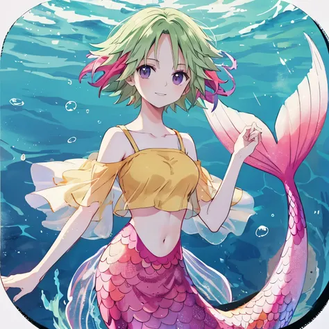 mermaid,camie,short hair,green hair,crop top, raglan sleeves, short sleeves,smile