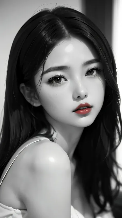 (((black and white art:1.2、black and white photo、raw photos、film grain)))、beautiful woman、small nose、((plump lips、red attractive...