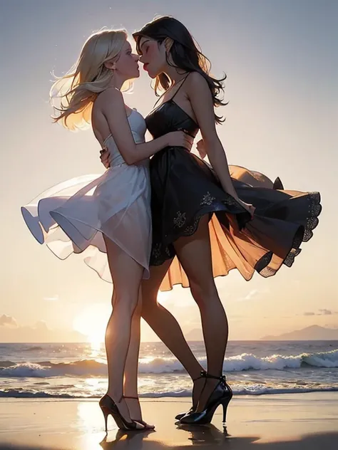 (realistic photo:1.37), Beautiful face profile, Summer sea evening sunset, Sunset overlap the person, The sunset is reflected on the sea surface, (Dazzling sunset:1.4, beautiful evening sunset:1.3), 2 womens on the beach, Two beautiful women are about to h...