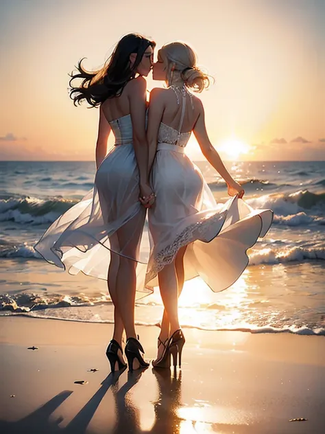 (realistic photo:1.37), Summer sea evening sunset, Sunset overlap the person, The sunset is reflected on the sea surface, (Dazzling sunset:1.4, beautiful evening sunset:1.3), (2 womens, Back view of two women on the beach), (((Holding hands and looking bey...