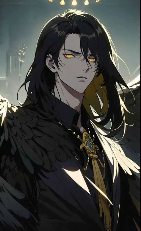 a mysterious and stealthy male anime character with sharp yellow eyes, long black hair, and hawk-like wings, highly detailed, cinematic lighting, dramatic, epic, intricate, exquisite, masterpiece, portrait, close clothes