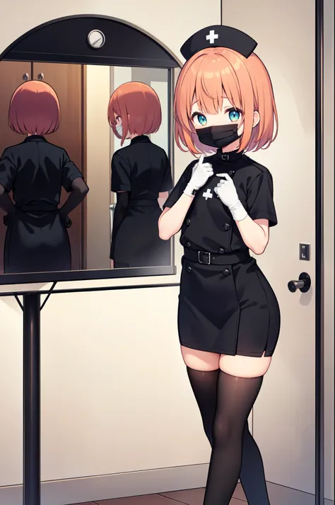 black nurse, 1girl, solo, black nurse cap, black nurse uniform, ((black legwear, zettai ryouiki)), black elbow gloves, very short hair, orange hair, ((black surgical mask, covered nose)), standing, ((surgery room)), sharp outline, short sleeves, tomboy, bo...