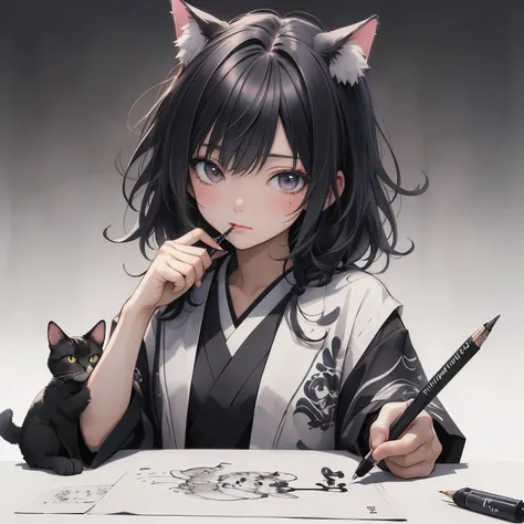 (masterpiece), Highest quality, Ultra-high resolution,ink色のリボンをつけた猫耳、ink色の髪、ink色の目、ink色の服、haiku、(Pen:1.3)、(習Character:1.3)、Artist、(ink:1.3)、Character