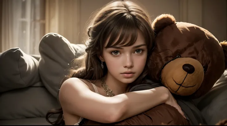 1girl, (solo:1.4), (hugging large teddy bear:1.4), soft fur, detailed face, (looking at viewer:1.2), long curly hair, (messy dry hair:1.2), delicate necklace, cozy atmosphere, oversized plush, comforting, detailed, warm lighting, blurred background, sexy l...