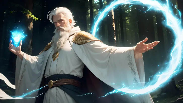 An old white-haired and white-bearded sorcerer, dressed in dark, flowing robes, stands in a mysterious forest clearing. The air around him begins to shimmer with magical energy as he prepares to teleport. He raises his hand, and glowing runes appear in the...