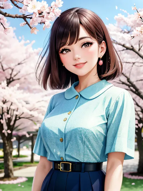 A beautiful young woman in a retro 1960s style portrait, smiling and looking directly at the viewer, set against a backdrop of cherry blossoms in Tokyo, Japan, captured with an AGFA or Kodak camera using Octane render for a high-quality, photorealistic aes...