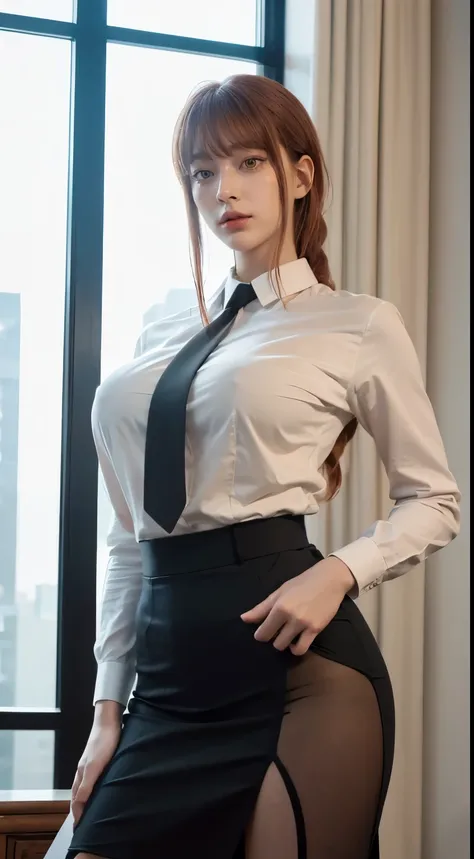 (best quality, master part, fullcolor, Dynamic angle, highest detailed) full body photo, glad, (Makima, chainsawman), handsome fashion photography (red  long hair) Kizi (Stunning mature woman), ((Massive medium breasts)), High Dress Up Detailed Office Maki...