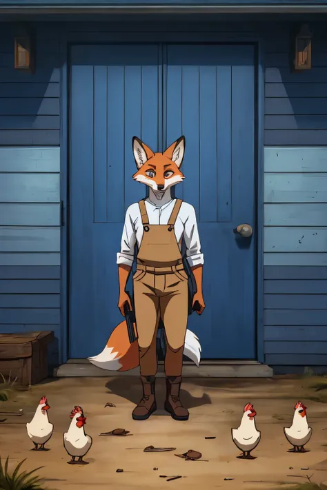 Fox with human features,strong arms ,strong legs,evil look,wearing blue and white overalls,With guns in hand ,and several dead chickens on the ground