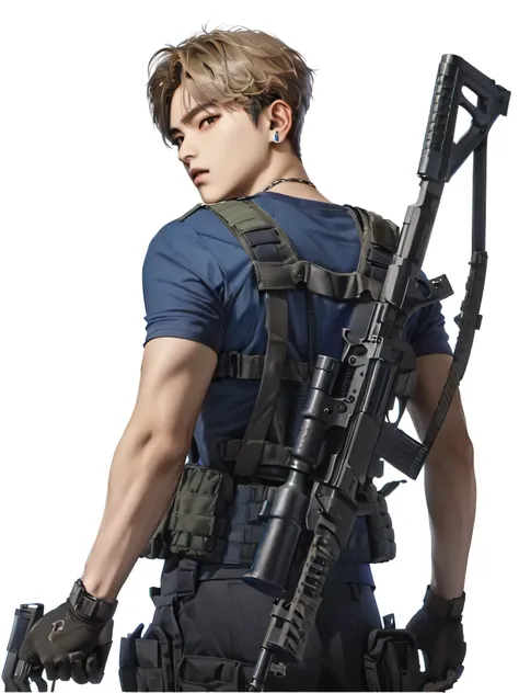 arafed male in a blue shirt holding a gun and a rifle, with rifle, cai xukun, arms behind back, inspired by kim hwan-gi, with pi...